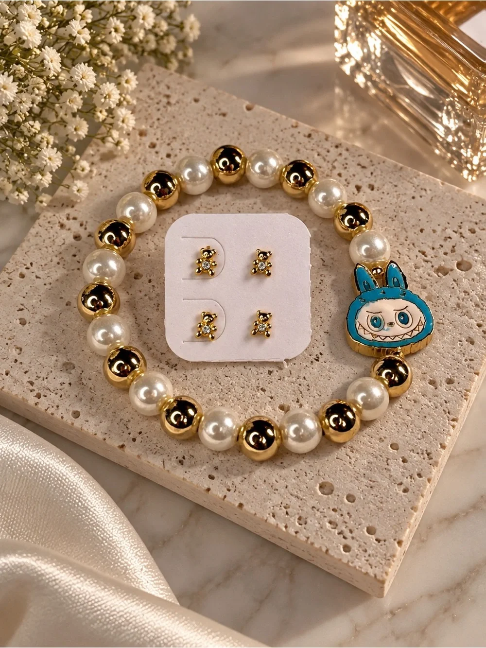 Kids Gold & Pearl Beaded Bracelet with Blue Character Charm